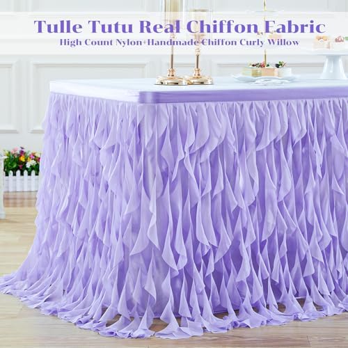 Partisky Lavender Purple Tulle Curly Willow Table Skirt for Rectangle Table 14ft, Ruffle Tutu Table Cloth for Girls Boys Baby Shower,Mermaid Birthday Party - Image 4