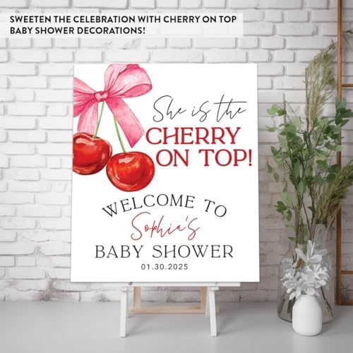 Andaz Press Personalized She's The Cherry on Top Baby Shower Decorations, Custom Coquette Bow Cherry Themed Party Decorations Baby Shower Welcome Sign Decor, 16x20 Inch - Image 3