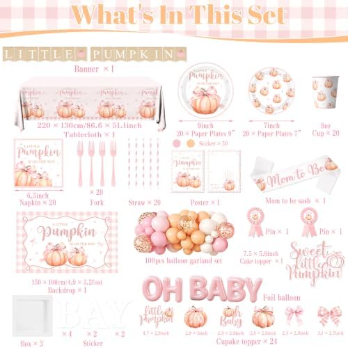 Coquette Fall Baby Shower Decorations for Girl, Little Pumpkin Baby Shower Decorations,A Little Pumpkin is on The Way with Backdrop Balloon Garland Plates Cups Napkins Tablecloth Sash - Image 6