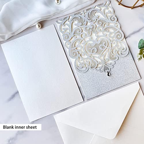 Hosmsua 5.12 x 7.3 Inch 50pcs Silver Laser Cut Lace Flora Wedding Invitation Cards with Rhinestone and Envelopes Customized Printed Invitations for Bridal Shower Quinceañera Wedding Invite - Image 4