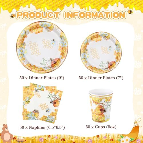 Pickmesh 250 Pcs Bee Party Disposable Tableware Set Serves 50 - Image 2