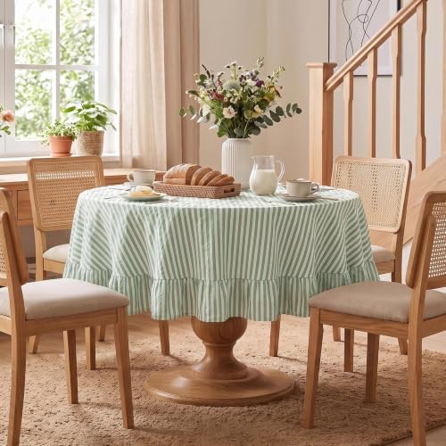 Eternal Beauty Striped Ruffled Round Tablecloth 60 Inch Green White - Image 4