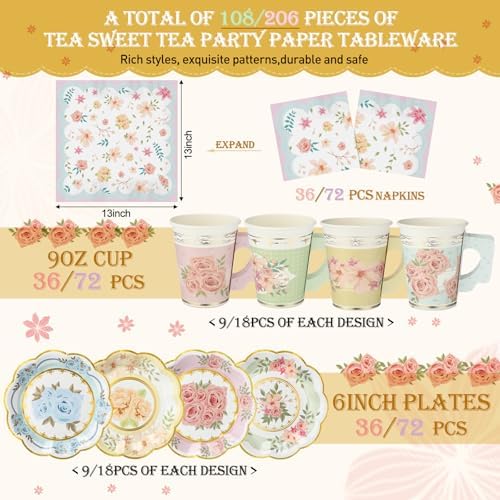 Yungyan 216 Pcs 72 Guest Tea Party Plates and Napkins Sets Floral Tea Party Supplies 6" Paper Plates, 9 oz Cups and Saucers Disposable Tableware Set for Birthday Wedding Bridal Shower Decorations - Image 2