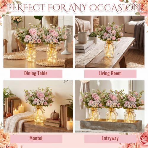 4 Sets Rose Chamomile Mason Jar Centerpiece with LED Lights - Image 5