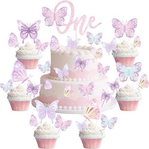 316 Pcs Butterfly 1st Birthday Party Decorations, Pink Our Little Butterfly is Turning One Party Supplies Include Backdrop, Hanging Swirls, Plates, Cups, Tablecloth, Cupcake Toppers, Latex Balloons - Image 5