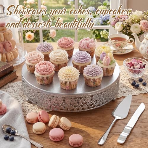 Wenqik 12 Inch Silver Cake Stand Set Metal Round Cupcake Dessert Stand with Cake Cutting, Flower Spatula Wedding Cupcake Pastry Display Candy Holder Display for Wedding Party Birthday Baby Shower - Image 5