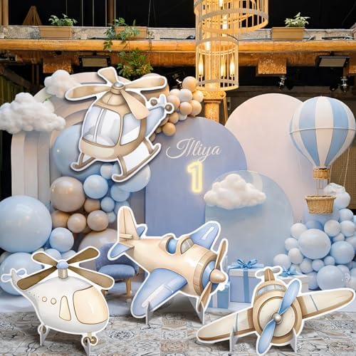 4 Pcs Large Airplane Baby Shower Decoration, Airplane Helicopter Cardboard Cutout, Birthday Party Deocration for Boys, Propeller Aircraft Stand-up Decoration for Party Supplies Photo Props - Image 6