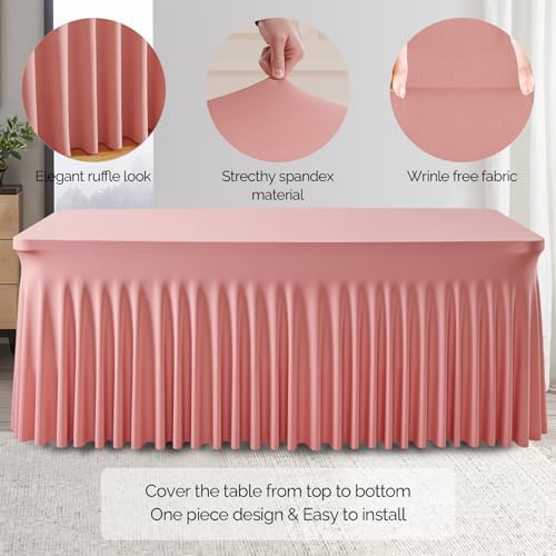 Wish Care 2 Pack Dusty Rose Spandex Table Clothes for 6 Foot Rectangle Tables, 6FT Wrinkle Free Fitted Tablecloths Ruffles Design Table Cloth for Party, Banquet, Wedding and Events - Image 6