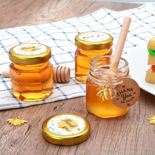 XING-RUIYANG 1.5 oz Mini Honey Jars，60 pack baby shower favors,There's honey sticks, bee pendants, stickers and gold goodie bags，Suitable for wedding party gifts - Image 6