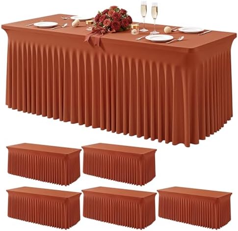 Wish Care 6 Pack Rust Spandex Table Clothes for 8 Foot Rectangle Tables, 8FT Wrinkle Free Fitted Tablecloths Ruffles Design Table Cloth for Party, Banquet, Wedding and Events by WishCare