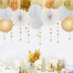 52Ft White-Gold Champagne Party-Decorations Heart Streamers Garland with 14pcs Christmas Wedding Engagement Paper Lanterns Fan,Tissue Pom Poms,Honeycomb Balls - Image 5