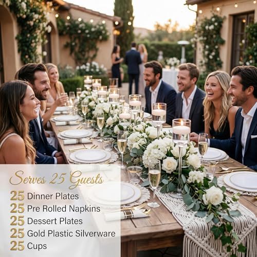 KIRE 175PCS Gold Plates Disposable - Heavy Duty White and Gold Plastic Plates Dinnerware Sets - 25 for Dinner 25 for Dessert 25 Pre Rolled Napkins and 25 Cups for Birthday/Wedding/Party - Image 2
