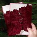 Burgundy Velvet Invitation Sleeve, Elegant Flower Jacket and Rose Wax Seals, Wedding Invitations Cover, fit 5x7 inch Cards (25pcs Velvet Sleeve + Wax Seal Only) by YaboQuirkCraft