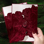 Burgundy Velvet Invitation Sleeve, Elegant Flower Jacket and Rose Wax Seals, Wedding Invitations Cover, fit 5x7 inch Cards (25pcs Velvet Sleeve + Wax Seal Only) by YaboQuirkCraft