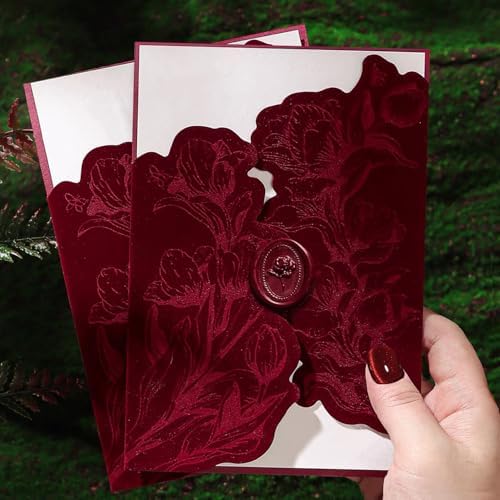 Burgundy Velvet Invitation Sleeve, Elegant Flower Jacket and Rose Wax Seals, Wedding Invitations Cover, fit 5x7 inch Cards (25pcs Velvet Sleeve + Wax Seal Only) by YaboQuirkCraft