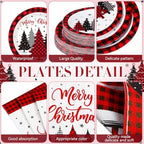 Funnymoom 452 Pcs Christmas Tree Party Supplies for 50, Red Buffalo Plaid Gingham Christmas Paper Plates Napkins Cups Tablecloth Cutlery Straws Tableware Set for Xmas Holiday Party Decorations - Image 2