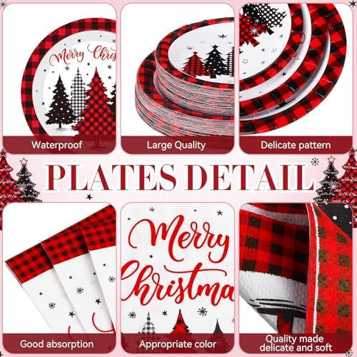 Funnymoom 452 Pcs Christmas Tree Party Supplies for 50, Red Buffalo Plaid Gingham Christmas Paper Plates Napkins Cups Tablecloth Cutlery Straws Tableware Set for Xmas Holiday Party Decorations - Image 2
