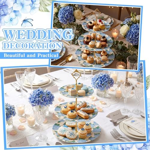 Lallisa 3 Tier Blue Hydrangea Cake Stand 10", 9" and 7" Ceramic Serving Tray Dessert Cupcake Display Holder Tower for Wedding Baby Bridal Shower Tea Party Decoration - Image 3