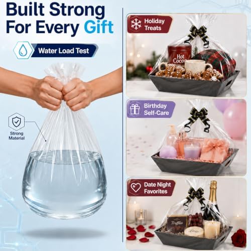 MAICOBI 10 Pack Black Empty Gift Baskets with Clear Bags and Bows - Image 4
