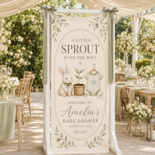 A Little Sprout Sage Green Bunny Baby Shower Satin Fabric Welcome Banner by Custom