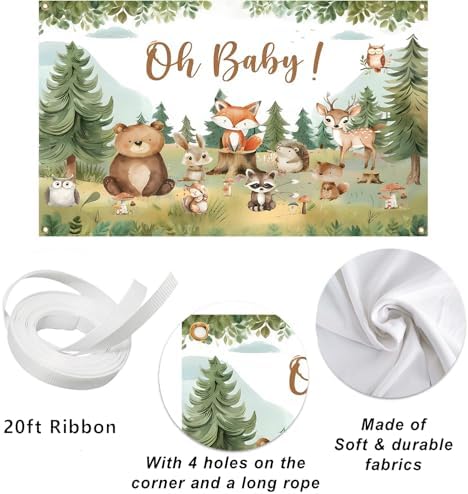10x8ft Woodland Baby Shower Backdrop Oh Baby Banner, Forest Animal Background Decorations for Gender Neutral Baby Shower, Rustic Woodland Newborn Photo Prop, Nature Theme Party Supplies - Image 5
