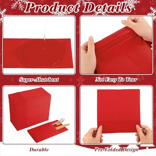 60 Pcs Red Linen-Feel Paper Napkins with Built-in Flatware Pocket, Pocket Linen Napkin Prefolded Cloth Like Paper Napkin Bulk for Anniversay Silverware Birthday Bathroom Wedding Party (Pack of 3) - Image 4