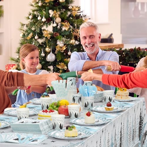 Funnymoom 452 Pcs Light Blue Christmas Party Decoration for 50, Plaid Gingham Tree Blue Xmas Paper Plates Napkins Cups Tablecloth Cutlery Straws for Winter Holiday Baby Shower Birthday Party Supplies - Image 6