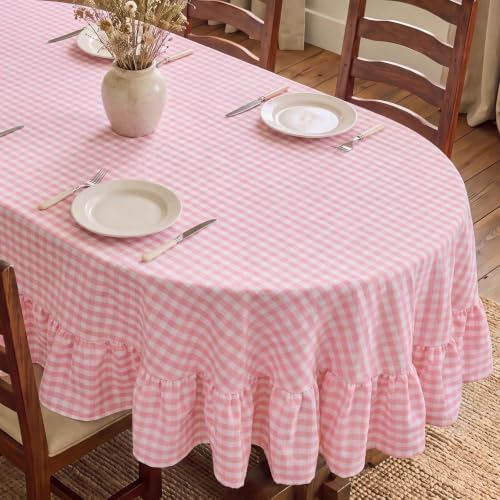 Romanstile Gingham Ruffled Oval Tablecloth, 60 x 84 Inch, Pink by Romanstile