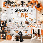 Spooky One Birthday Decorations Boy,276pcs Halloween 1st Birthday Kit Plates And Napkins Cups Banner Backdrop Tablecloth Cake Topper Balloon For First Birthday Decorations for Boy - Image 2