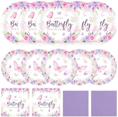 Funnymoom 200 Pcs Butterfly Baby Shower Decorations Paper Plates Serve 50 by Funnymoom