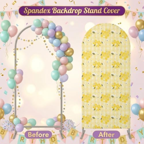 Cute Honeybee Arch Backdrop Cover 7.2 ft Yellow Honeycomb Love 2 Sided Wedding Arch Covers Stretchy Backdrop Round Top for Birthday, Party, Baby Shower Decorations - Image 6