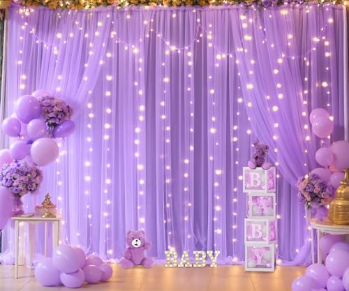 Lavender Tulle Photo Backdrop Curtain with Lights String for Parties Wedding Bridal Shower Sheer Lavender Curtain Backdrop for Birthday Party Baby Shower Photo Booth Photography 20ft x 10ft - Image 2