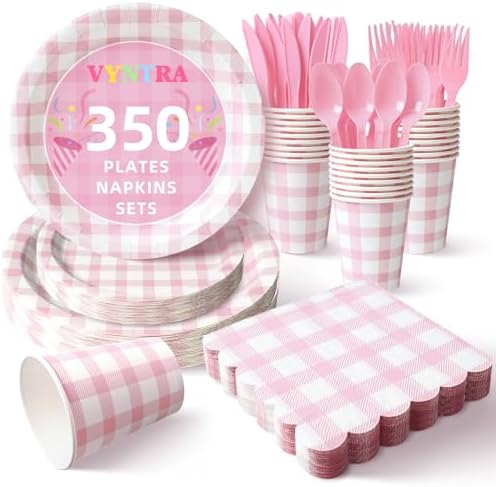 Vyntra 350-Pc Pink Gingham Paper Plates and Napkins Party Supplies by PartyTablewareSupplies