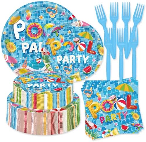 250 Pcs Summer Pool Plates and Napkins, 50 Guests Disposable Pool Party Dinnerware Swimming Beach Ball Tableware Set for Birthday Hawaii Holiday Picnic Party Supplies by LousuipPartySupplies