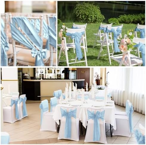 YMHPRIDE 60 PCS Light Blue Satin Chair Sashes, 7x108 Inch Ties Chair Bows - Image 7
