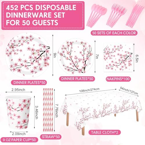 Funnymoom 452 Pcs Cherry Blossom Party Decorations Supplies Include Cherry Blossom Paper Plates Napkins Cups Tablecloth Cutlery Straws for Baby Shower Birthday Bridal Shower Wedding Party - Image 3