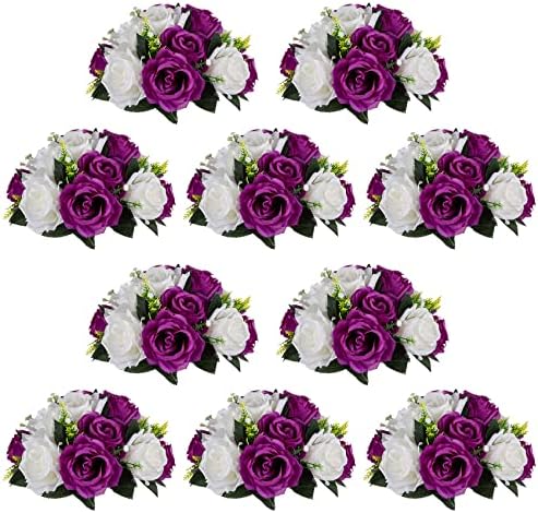NUPTIO Flower Balls Centerpieces for Tables: Purple White Fake Roses by Nuptio