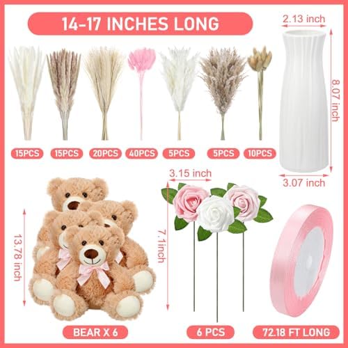 4 Sets 125 Pcs Bear Baby Shower Table Centerpiece with Bear Stuffed Animals Pink Dried Pampas Grass Artificial Flower Plastic Vase for Boho Wedding Bridal Reveal Birthday Baby Shower Decor - Image 2