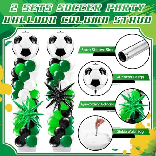 Kasyat 2 Sets Soccer Balloon Column Stand Kit with 4D Soccer, Green Black Star Foil and 100 Latex Balloons, Green White Black Arch Kit for Floor for Football Sports Party Decorations - Image 4