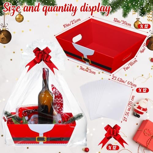 Cholemy 12 Pack 12x10x4 Christmas Gift Baskets Empty Bulk, Includes 12 Santa Cardboard Baskets with Handles, 12 Plastic Bags and 12 Bows, Cardboard Tray Large Gift Baskets Kit for Holiday - Image 2