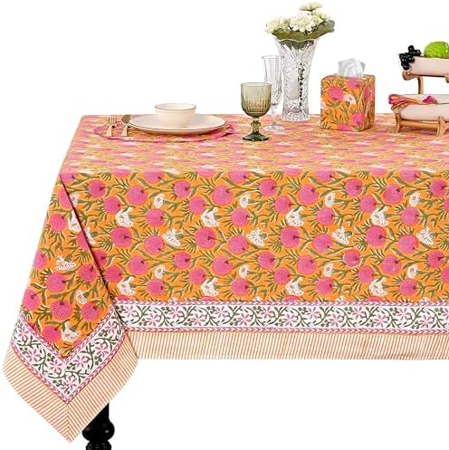 Ridhi -Bubblegum Pink Cotton Tablecloth, Handblock Print Floral Table Cloth for Kitchen Dining Linen I Thanksgiving, Christmas, Wedding, Fall Décor 4 Seater 60x60 Inches Square by Ridhi