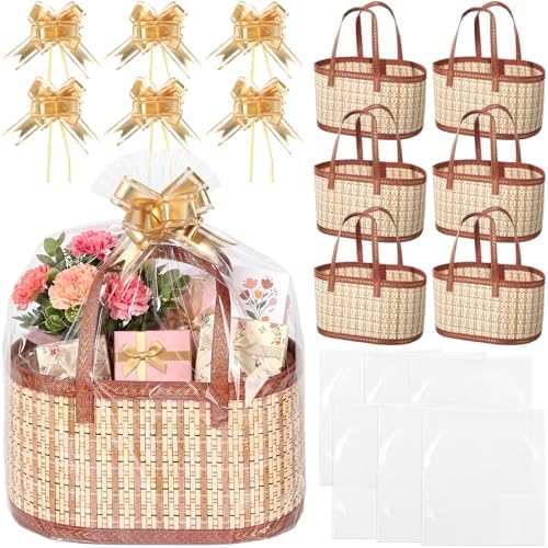 Reallnaive 6 Set Gift Basket Empty Woven Bamboo Storage Baskets with Clear Gift Bags Pull Bows Ribbon Foldable DIY Gifts Basket Kit with Handle for Baby Shower Housewarming by Reallnaive