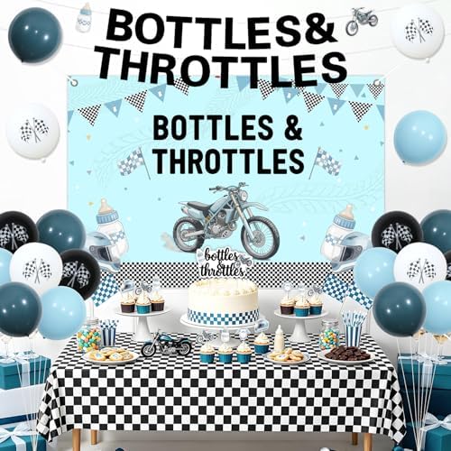 Jollyboom Bottles and Throttles Baby Shower Decorations, Racing Theme Backdrop 3 x 5 ft Banner Cake Toppers Balloons Tablecloth Kit for Boy Welcome Baby Party Pregnancy Gift Dessert Table Setup - Image 2