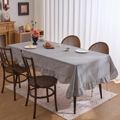 vctops Farmhouse Black Plaid Ruffle Table Cloth, Boho Cotton Linen Tablecloth, Washable Table Cover for Rectangle Table Baby Shower Kitchen Party Wedding Decor (Black,70"x134") - Image 3