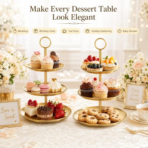 YOUNTHYE 2PCS Gold Cupcake Stand, 3 Tiered Stainless Steel Dessert Stand, Gold Cake Stand Display Trays for Wedding, Birthday, Tea Party, Holiday Dessert Table Decorations - Image 7