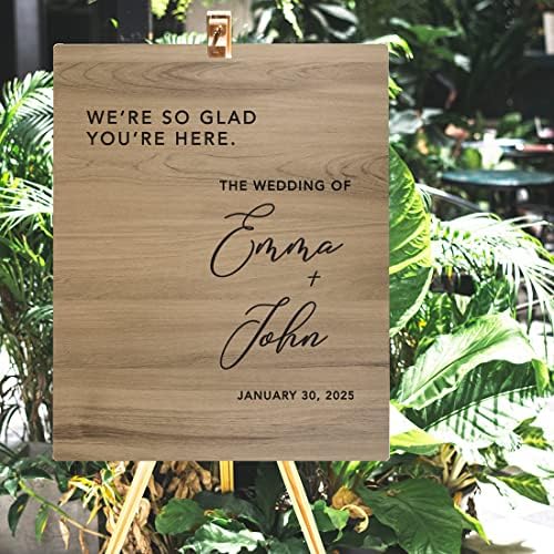Andaz Press Large Wooden Welcome Sign for Wedding Rustic Welcome Sign 16" x 20" Custom Names So Glad You're Here Wedding Signage English Oak MDF Wood Finish Wedding Reception Indoor Outdoor Signs - Image 4
