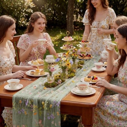 Sage Green Floral Table Runner 10ft Embroidery Tulle Spring Wildflower Table Runner Seasonal Summer Butterfly Kitchen Dining Gauze Decoration for Wedding Baby Shower Birthday Party (3 Pcs) - Image 6