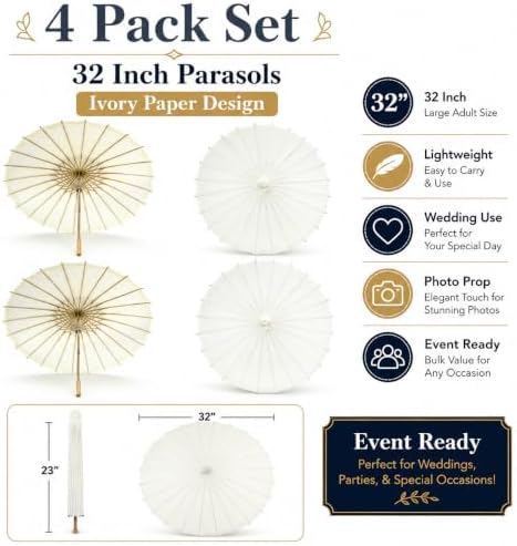 Koyal Wholesale 32" Ivory Paper Parasol Umbrella 4 Pack, Large Paper Umbrella Bulk, Paper Parasol Wedding Umbrellas, Ivory Parasol Umbrella Bridal Party Decor Photo Props, Sun Parasols for Shade - Image 5