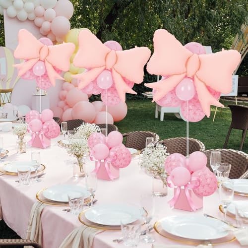 Gejoy 4 Sets Pink Bow Table Centerpiece Decorations Include 4 Pink Bows 4 Decorative Boxes Balloons of Different Sizes 4 Balloon Stand Kits for Wedding Bridal Baby Shower Birthday Party by Gejoy