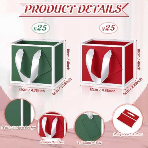 Yeaqee 50 Pcs Mini Metallic Paper Gift Bags with Handle, Green Red, White - Image 2